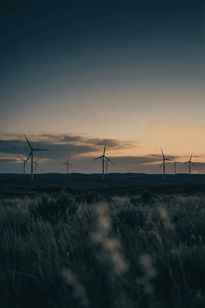 Wind turbines silhouetted against a dusk sky representing clean energy industry AI transformation