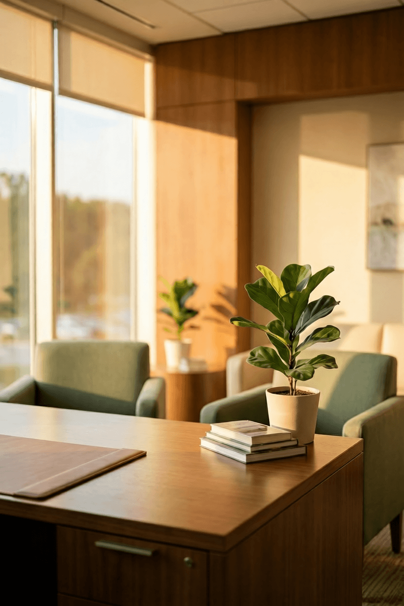 Warm sunlit medical consultation room representing healthcare practice AI optimization