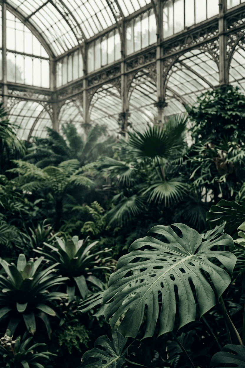 Lush botanical garden greenhouse interior representing nonprofit program leadership